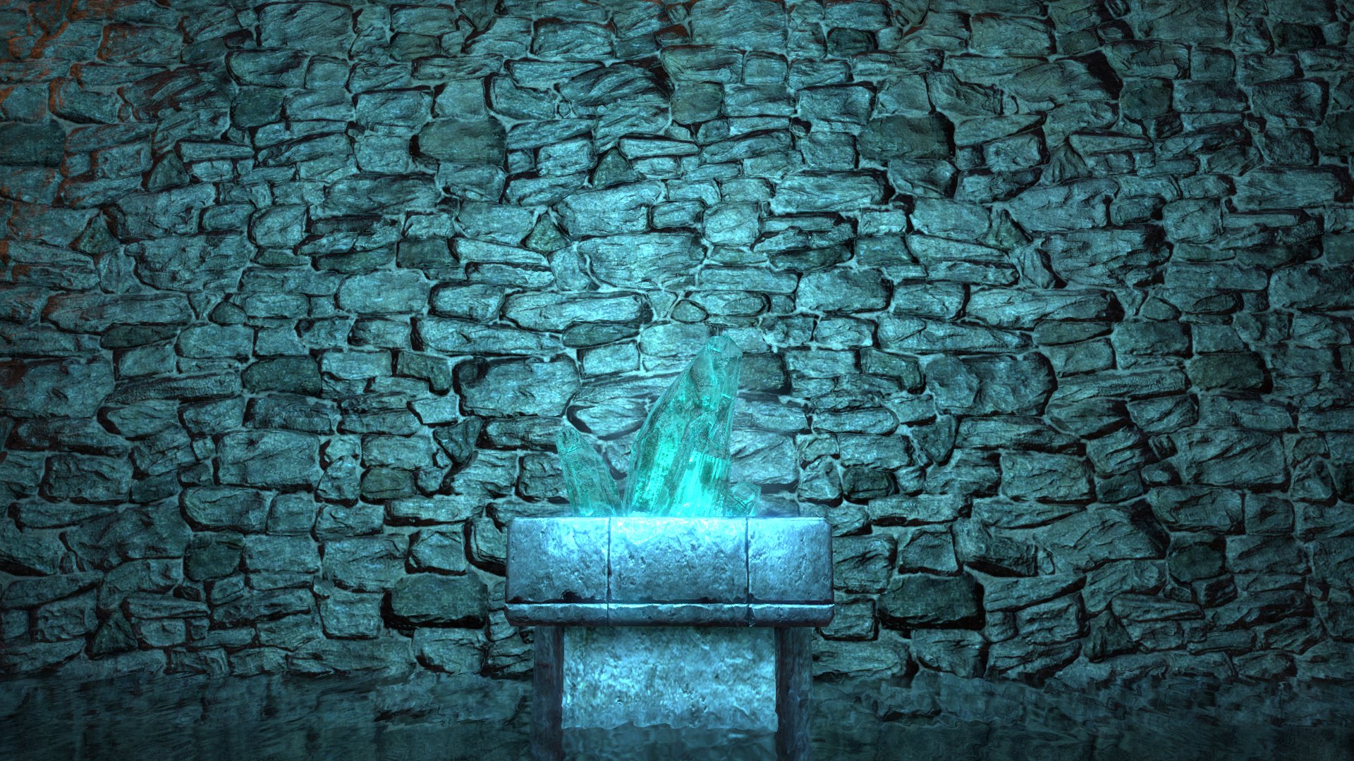 Shadowy Stone Wall And Glowing Crystal In Pool Of Water - Calming Desktop - HD Wallpaper 