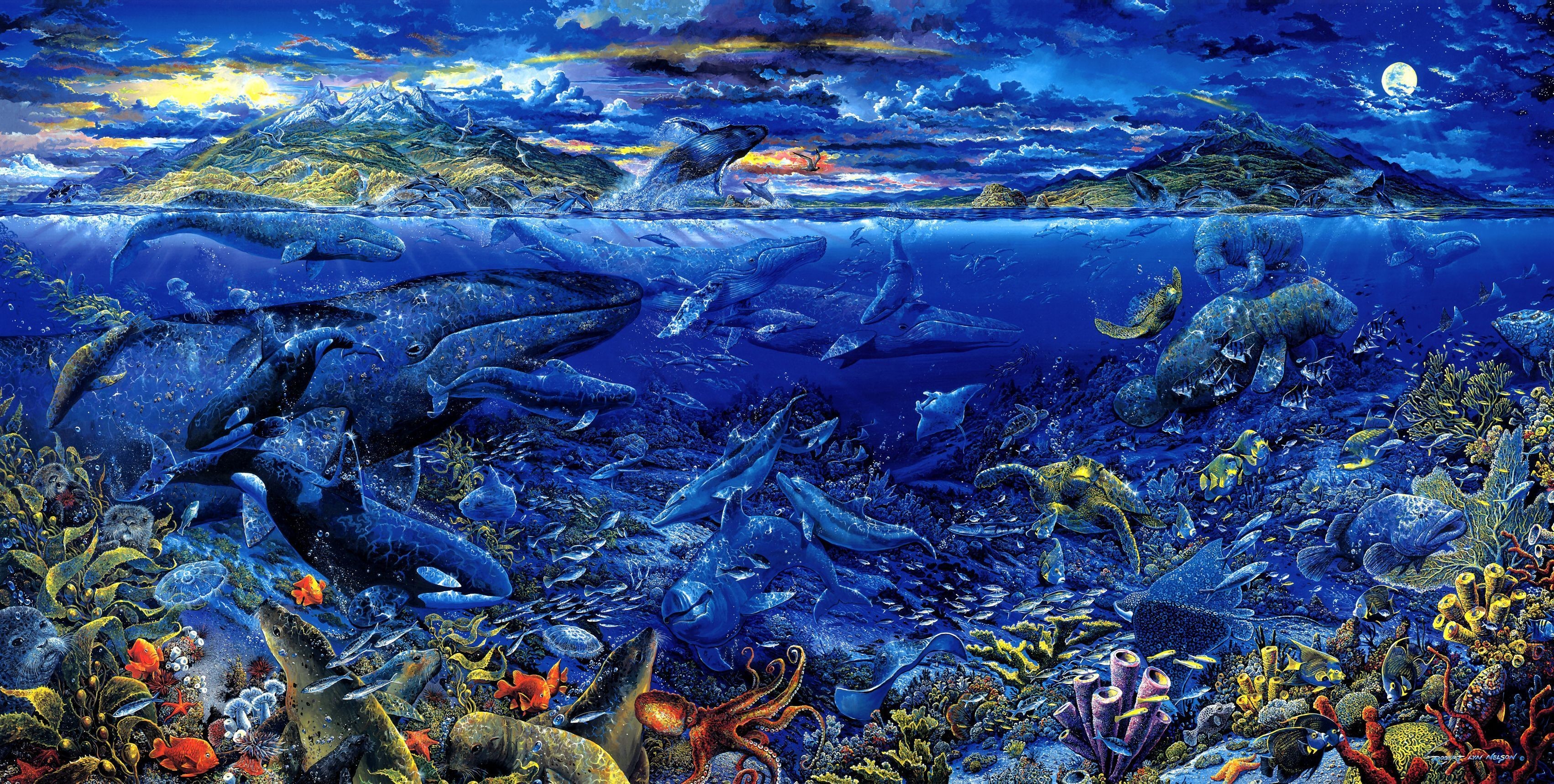 3405x1718, Hd Wallpaper - Ocean Landscape With Animals - HD Wallpaper 