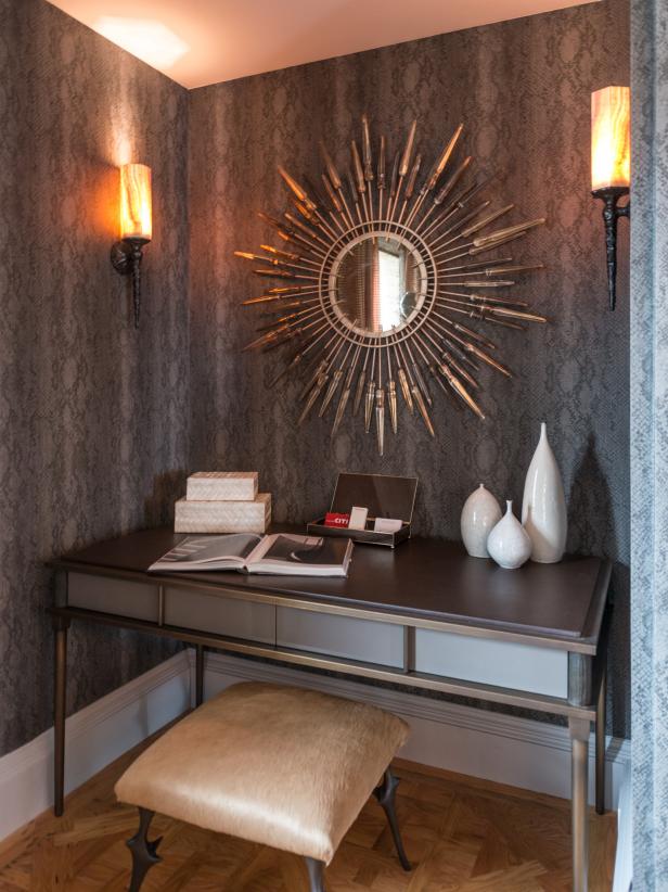Gray Office Nook With Snakeskin Wallpaper, Sun Mirror - Snakeskin Wallpaper In Home - HD Wallpaper 