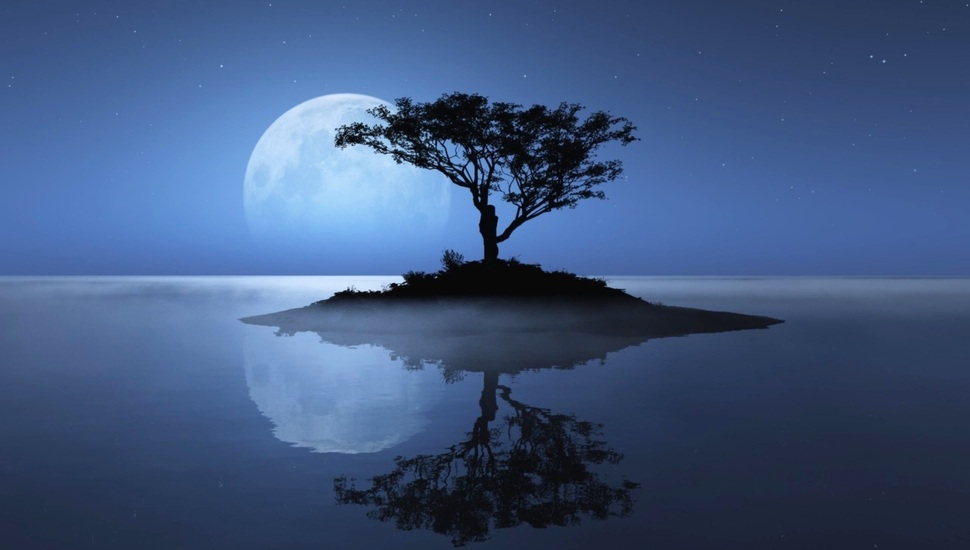 The Moon, Island, Stars, Tree, Reflection, Water Desktop - Cool Desktop Background - HD Wallpaper 