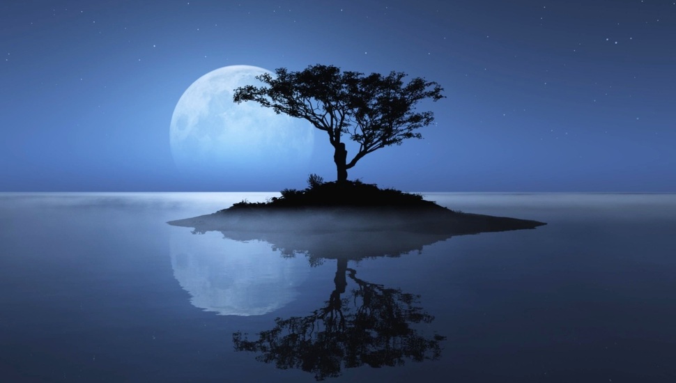 The Moon, Island, Stars, Tree, Reflection, Water Desktop - Cool Desktop Background - HD Wallpaper 