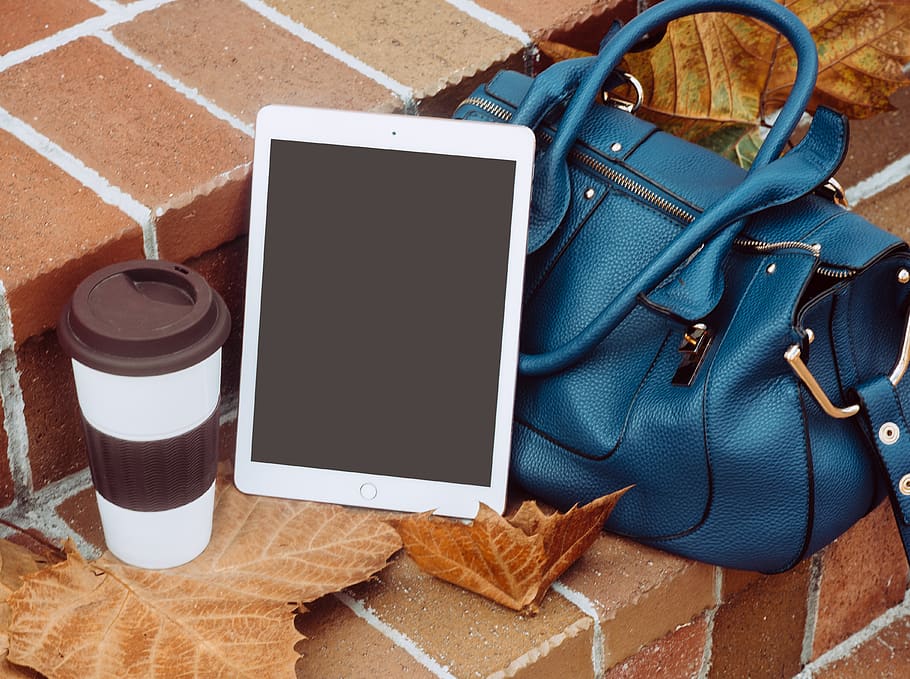 White Ipad Besides Blue 2-way Leather Bag, Autumn, - Bag - HD Wallpaper 