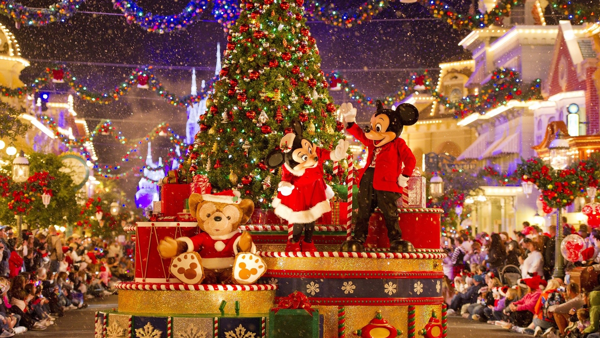 1920x1080, Mickey Mouse, Minnie Mouse, Christmas Tree, - Disney World, Cinderella Castle - HD Wallpaper 