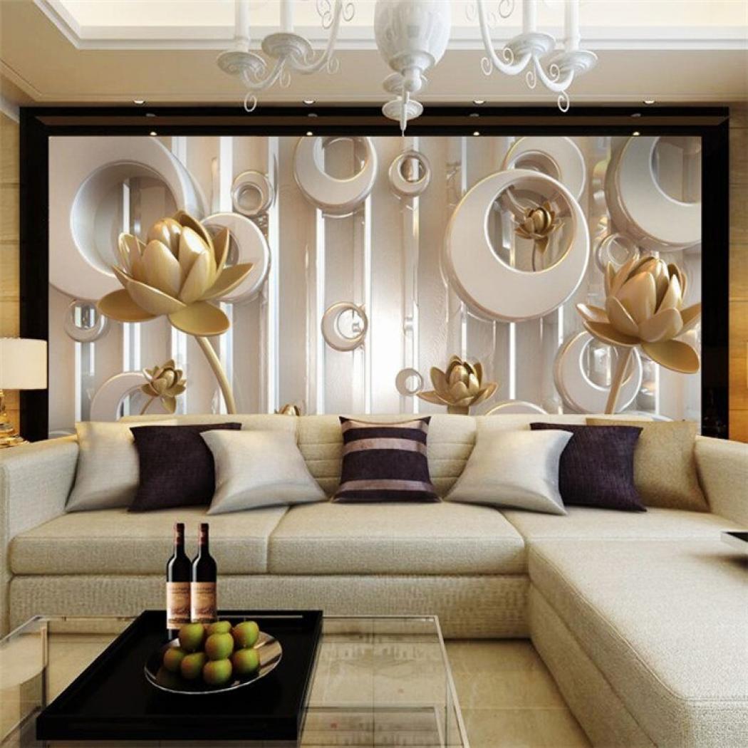 Wallpaper Golden Lotus Living Room Tv Wall Wallpaper - Mural Wallpaper Golden Lotus - HD Wallpaper 