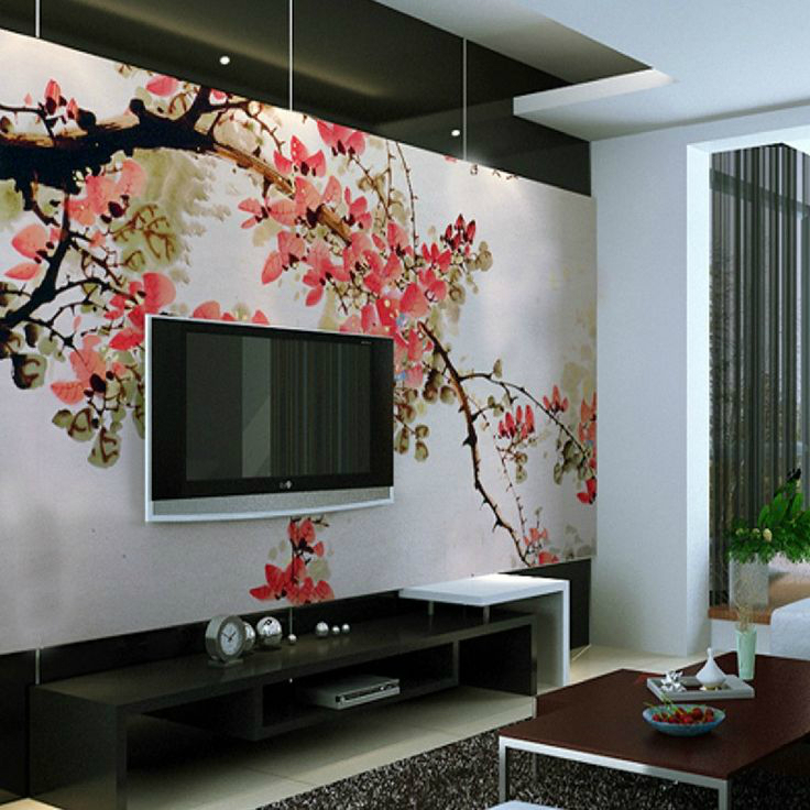 Floral Mural With A Tv - Wall Painting Design For Living Room - HD Wallpaper 