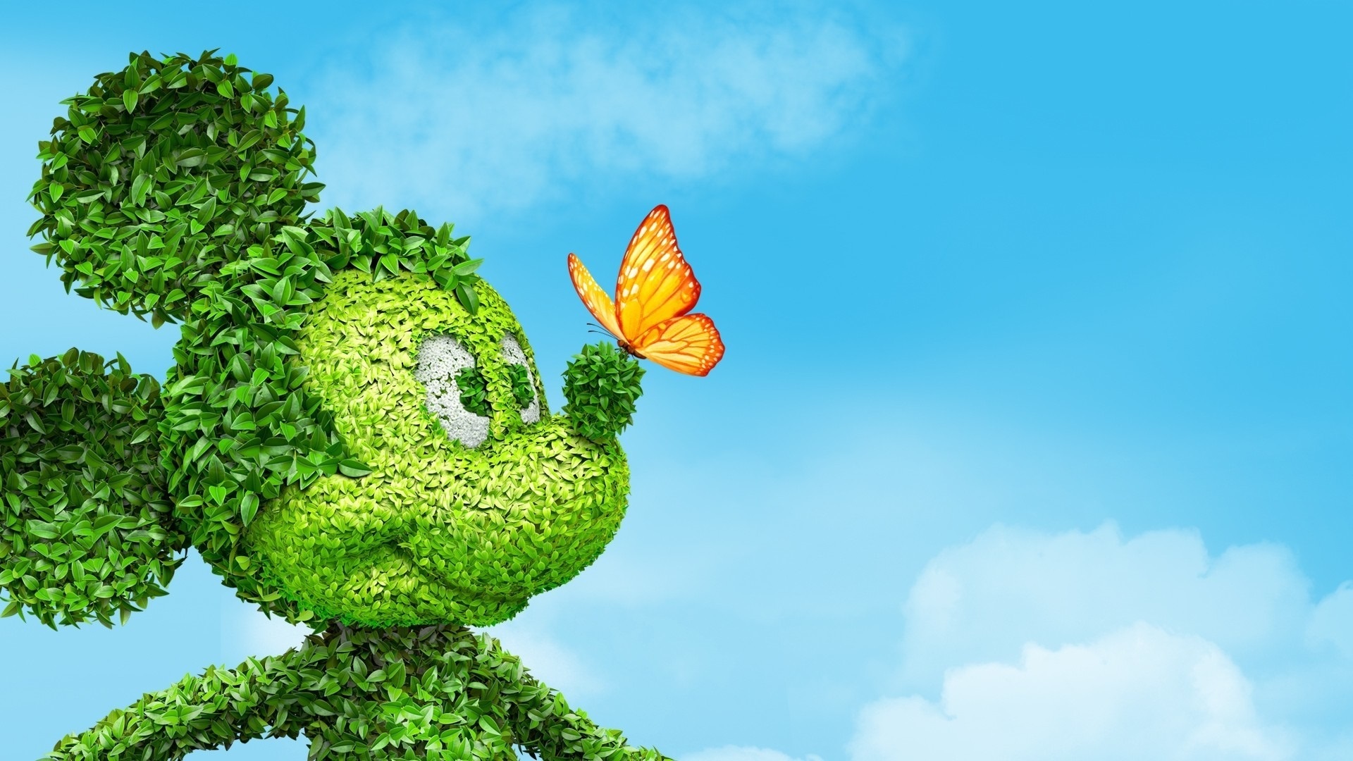 Wallpaper Mickey Mouse, Leaves, Butterfly, Blue Sky - Mickey Mouse Wallpaper Green - HD Wallpaper 