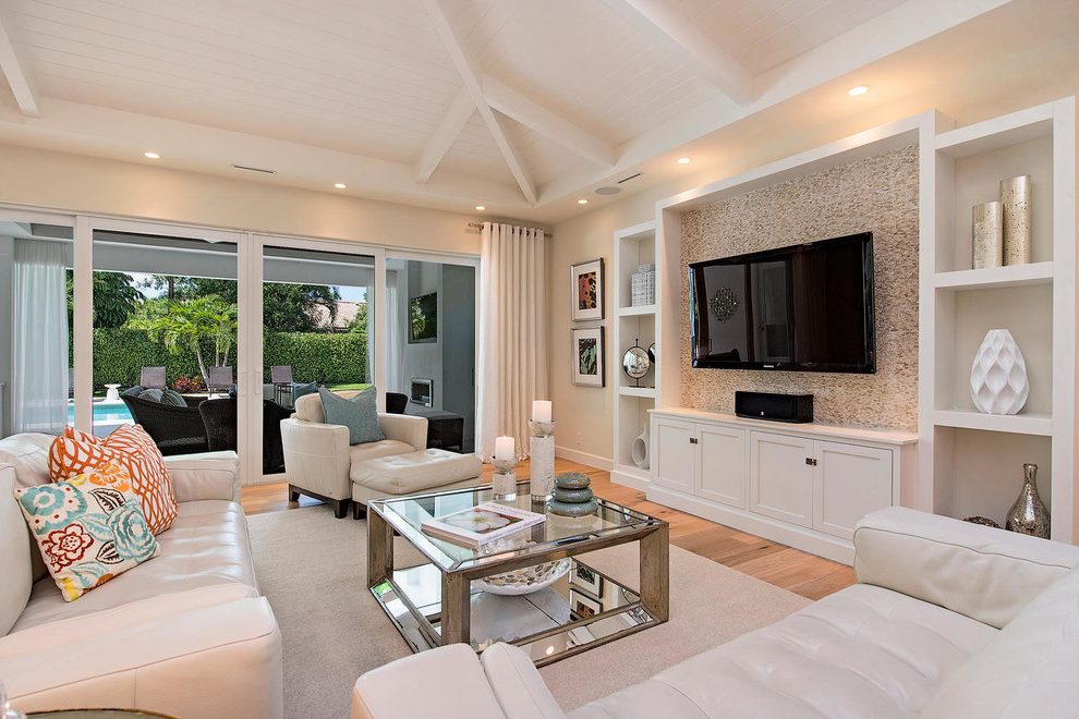 Wallpaper Behind Tv Family Room Transitional With White Living Room