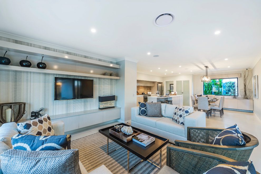 Wallpaper Behind Tv Living Room Transitional With Ikat - Interior Design - HD Wallpaper 