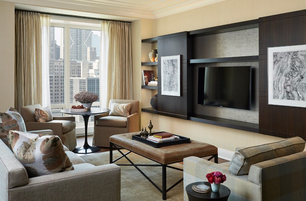 Wallpaper Behind Tv Living Room Transitional With Ottoman - Living Room - HD Wallpaper 