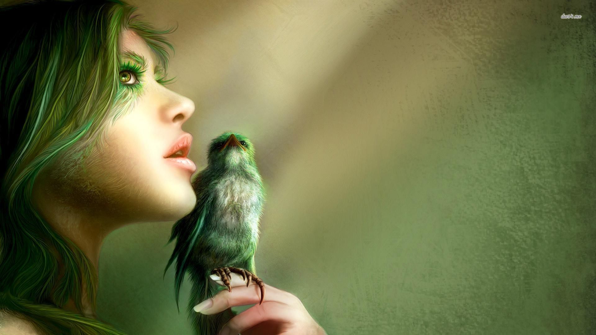 Green Girl With Bird - HD Wallpaper 
