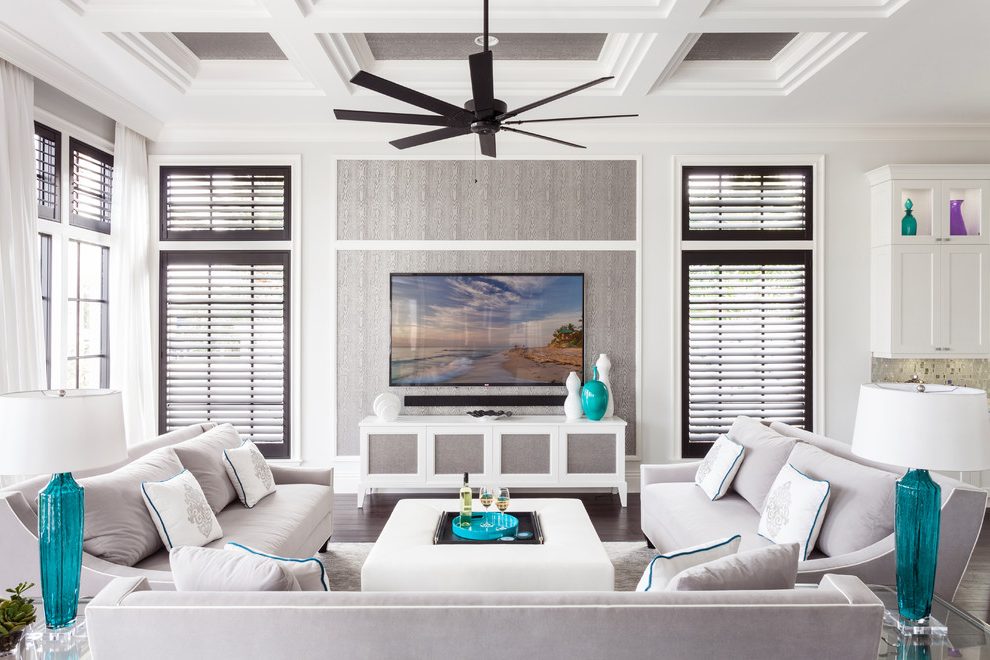 Wallpaper Behind Tv Family Room Transitional With Coffered - White Coffered Ceiling With Ceiling Fan - HD Wallpaper 