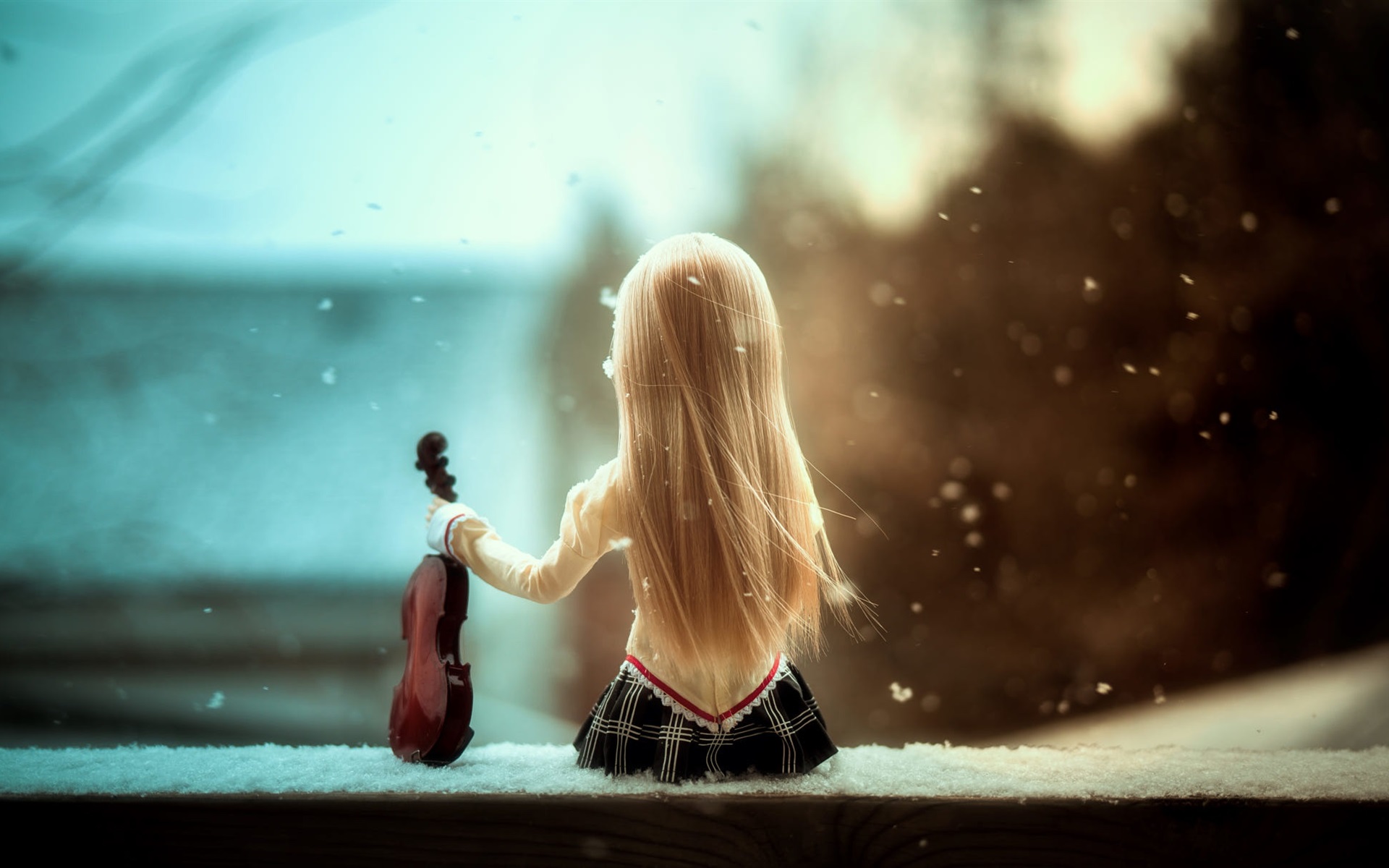 Wallpaper Doll Girl, Back View, Violin, Snow - Girl Back Wallpaper Hd - HD Wallpaper 