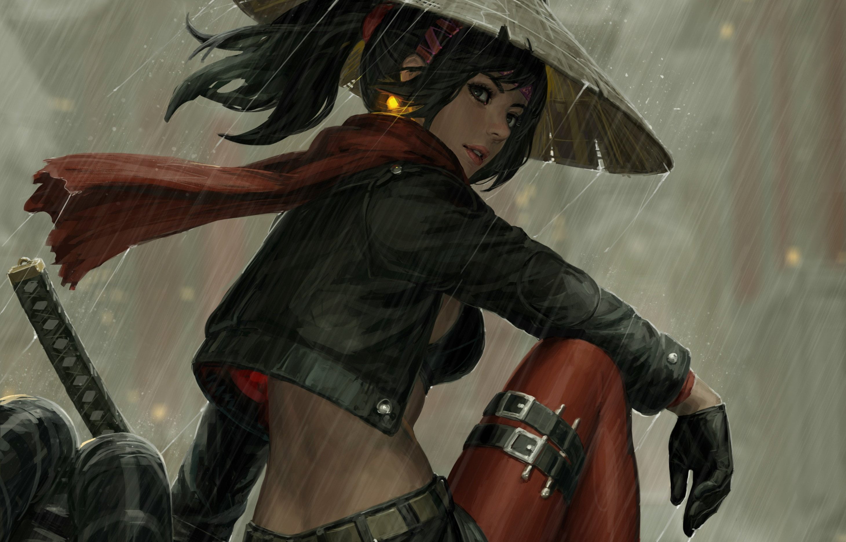 Samurai Girl In The Rain - HD Wallpaper 