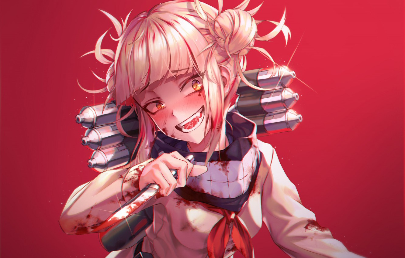 Photo Wallpaper Look, Girl, Smile, Red Background, - Toga Himiko My Hero Academia Girls Blood - HD Wallpaper 