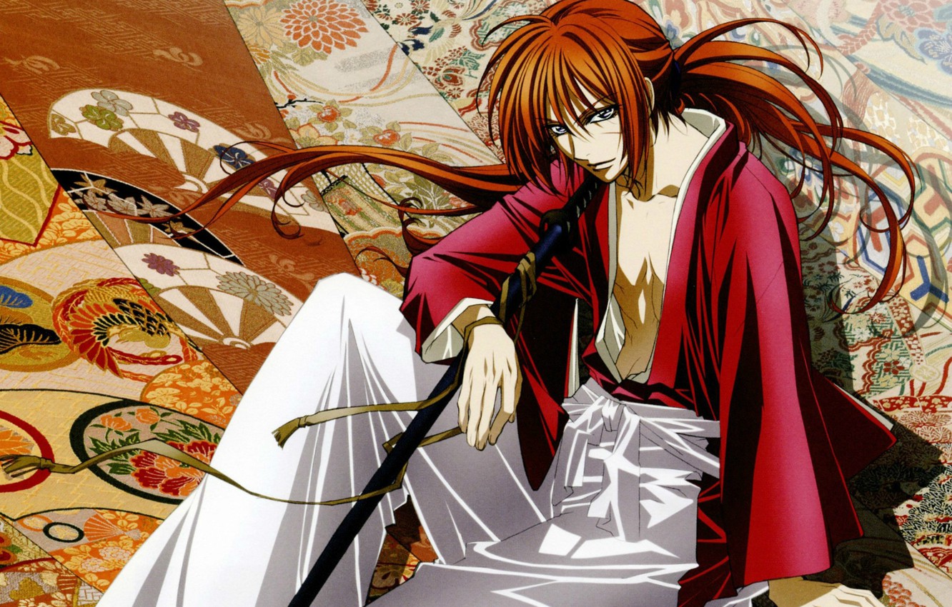 Photo Wallpaper Pattern, Katana, Red, Sitting, Scar, - Atsuko Nakajima Rurouni Kenshin - HD Wallpaper 