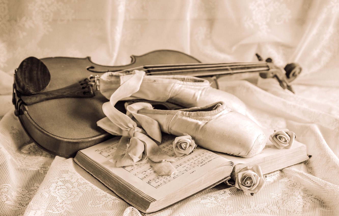 Photo Wallpaper Notes, Violin, Roses, Tape, Still Life, - Pointe Shoes With Roses - HD Wallpaper 
