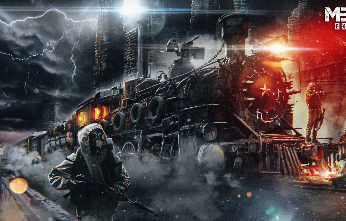 Photo Wallpaper Road, Night, Weapons, Train, Gas Mask, - Metro Exodus Wallpaper Train - HD Wallpaper 