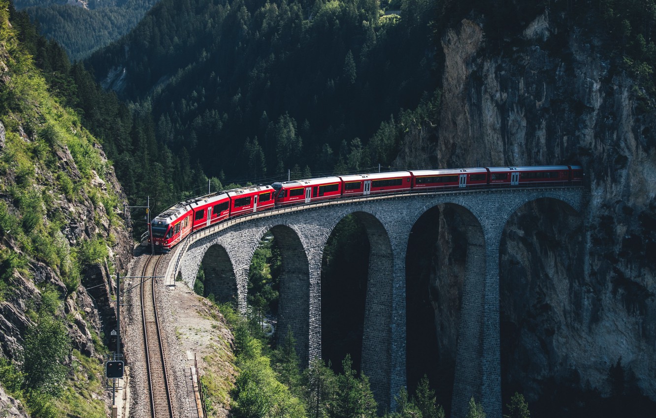 Photo Wallpaper Wallpaper, Trees, Bridge, Mountains, - Switzerland Red Train - HD Wallpaper 