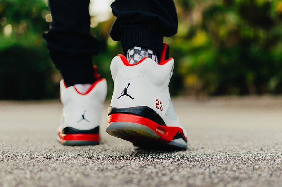 Person Wearing White, Black, And Red Air Jordan 5 Shoes, - Friction Helps In Walking - HD Wallpaper 