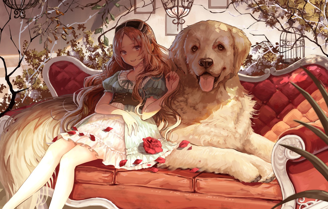 Photo Wallpaper Dog, Anime, Girl - Anime Art Girl And Dog - 1332x850  Wallpaper 