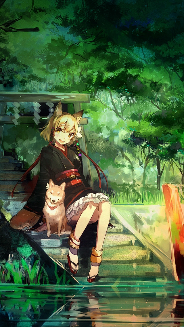 Girl And Dog Green Nature Anime Art Illust Iphone Wallpaper - Anime Nature Wallpaper 4k Iphone - HD Wallpaper 