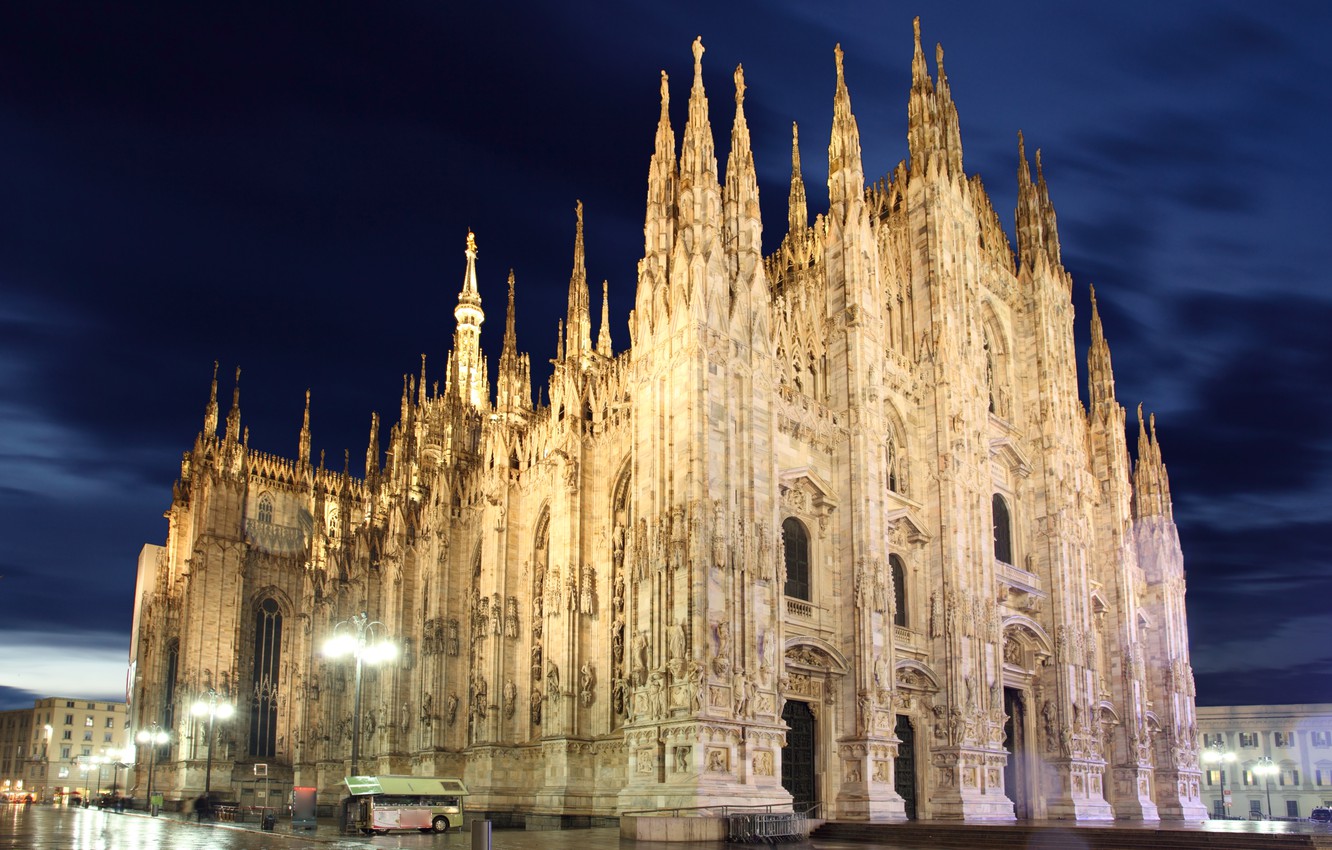 Photo Wallpaper Lights, Cathedral, Italy, Night, Italia, - Milan Cathedral - HD Wallpaper 
