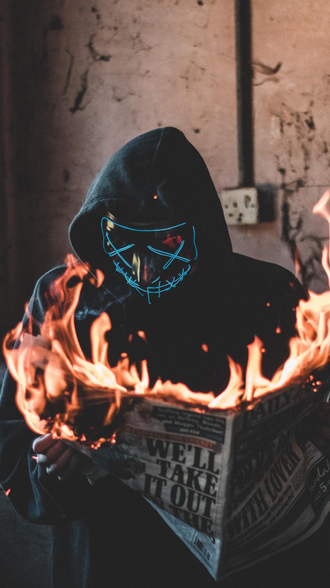 Guy Fawkes Mask Neon - Burning Newspaper - 1080x1920 Wallpaper Guy Fawkes Mask Neon - Burning Newspaper - 1080x1920 Wallpaper
