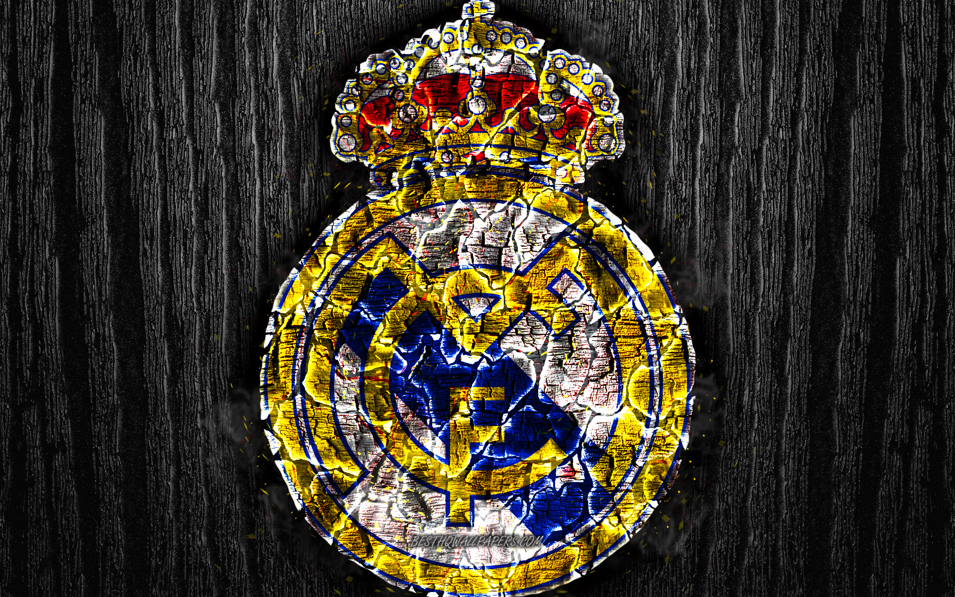 Real Madrid Fc, Scorched Logo, Laliga, Black Wooden - Real Madrid Logo Wallpaper 2019 - HD Wallpaper 
