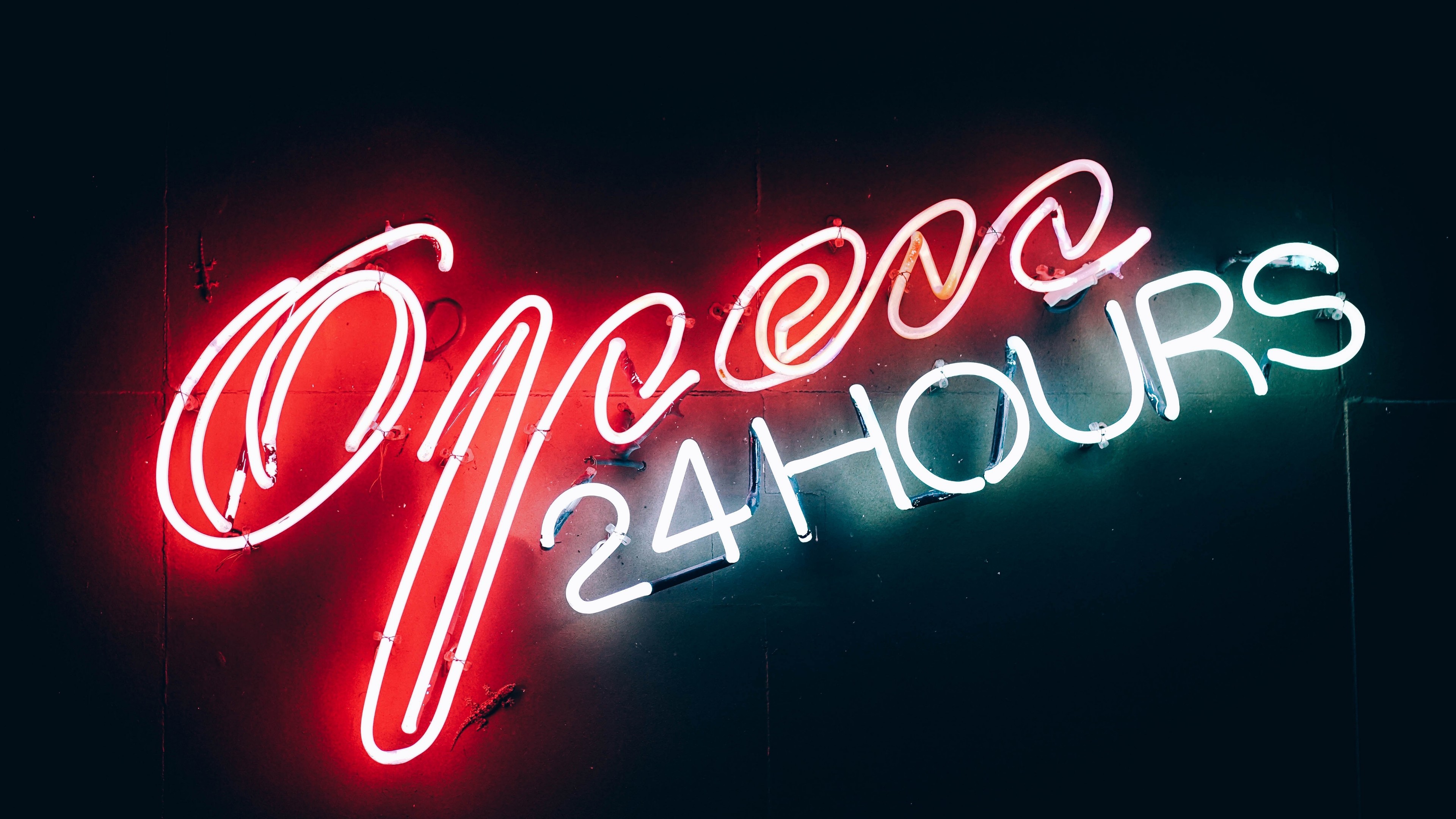 3840x2160, Open 24 Hours Neon Sign Wallpaper - Neon Lights Wallpaper Desktop - HD Wallpaper 