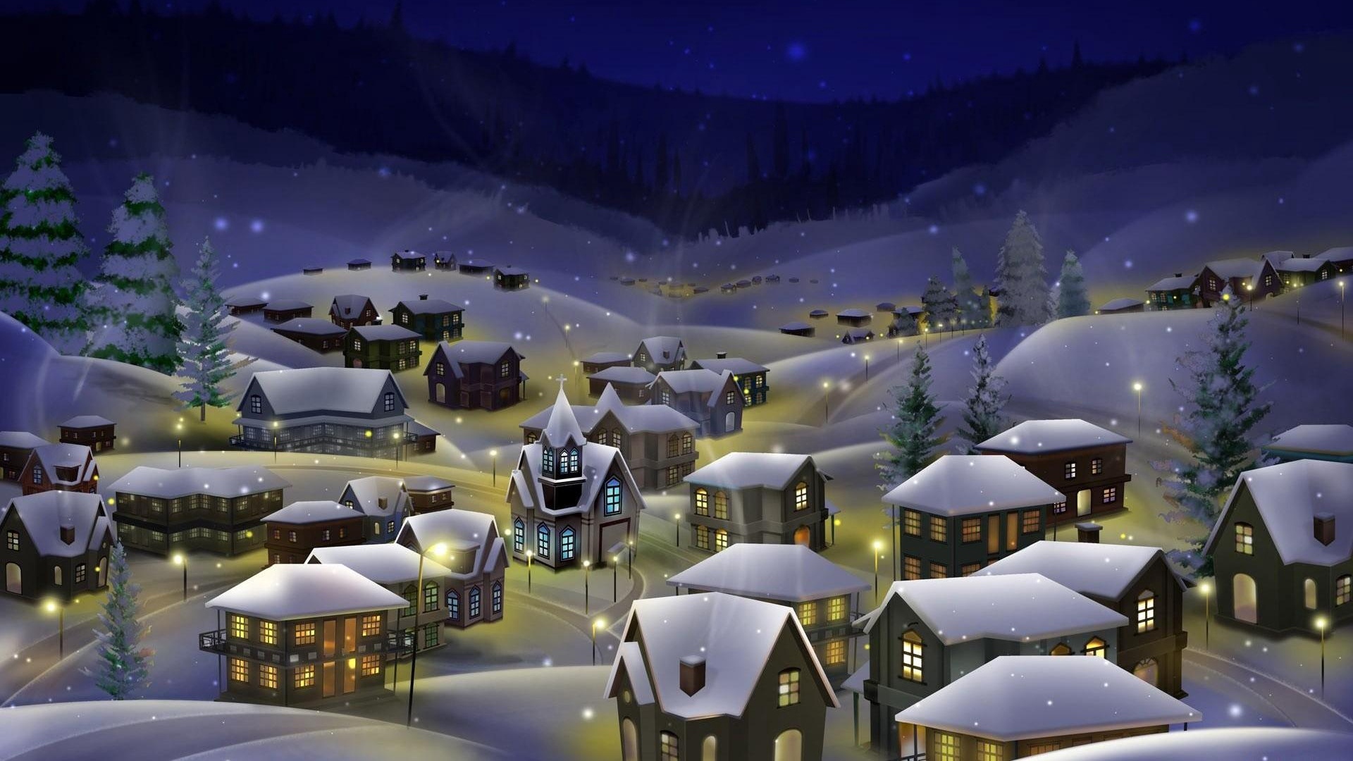 Wallpaper Night, City, Snow, Christmas, Holiday - Christmas City Night Background - HD Wallpaper 
