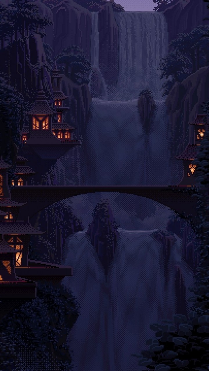 Game Landscape, Pixel Art, Waterfall, Valley, Houses - Pixel Art - 720x1280  Wallpaper 