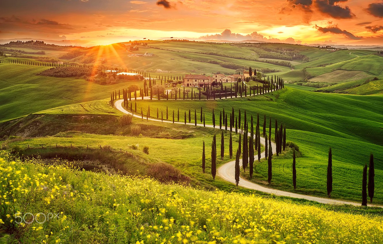 Photo Wallpaper The Sun, Valley, Italy, Tuscany, Derevya - Gorgeous Landscapes Of Italy - HD Wallpaper 