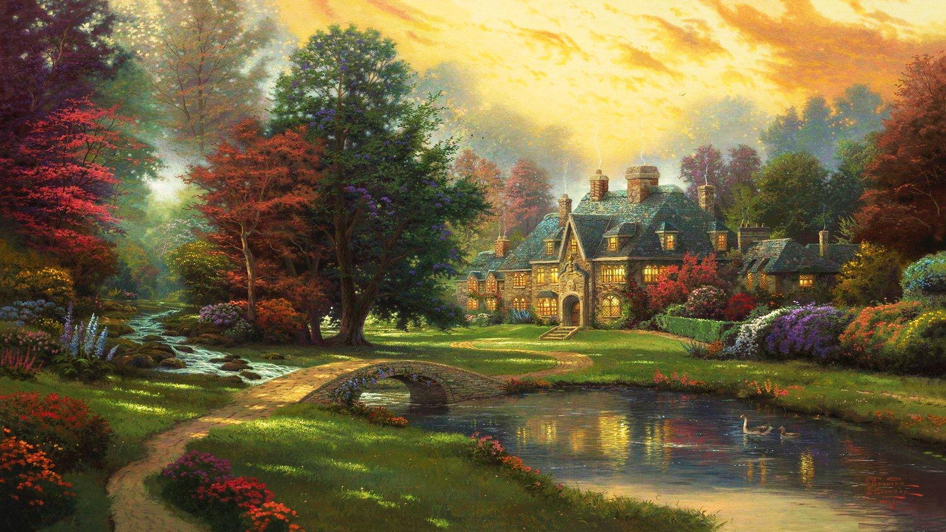 Cottage With Pond - Thomas Kinkade Paintings - HD Wallpaper 
