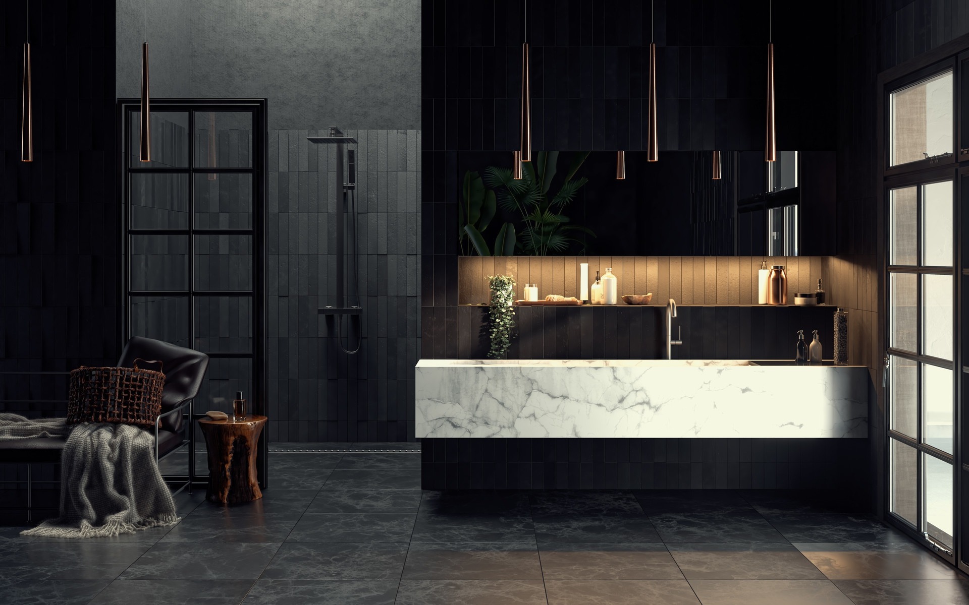 Stylish Modern Bathroom Interior, Black Bathroom, Black - Design Dark Bathroom - HD Wallpaper 