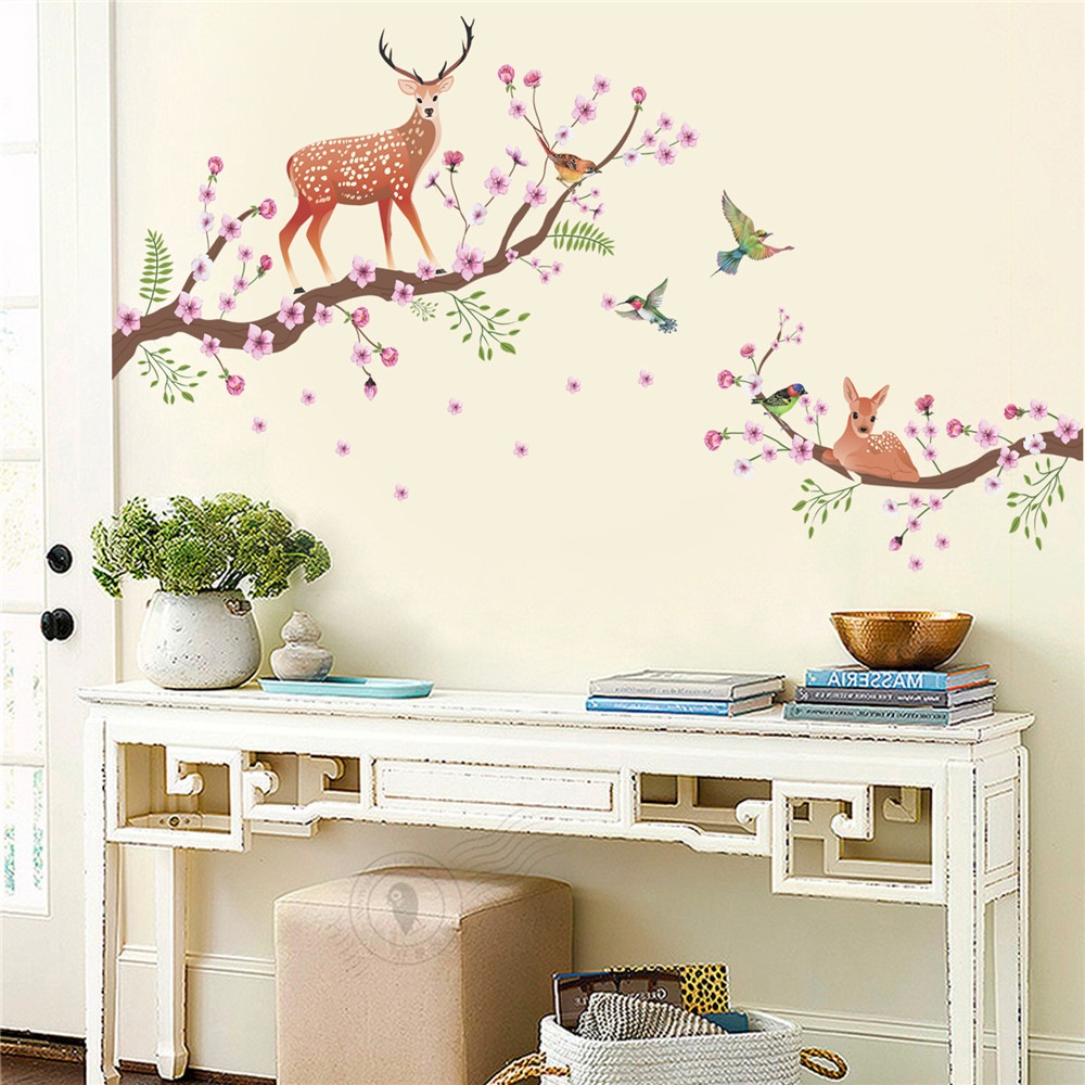 Cartoon Sika Deer Branch Bird Living Room Background - Stickers Cerf Mural - HD Wallpaper 