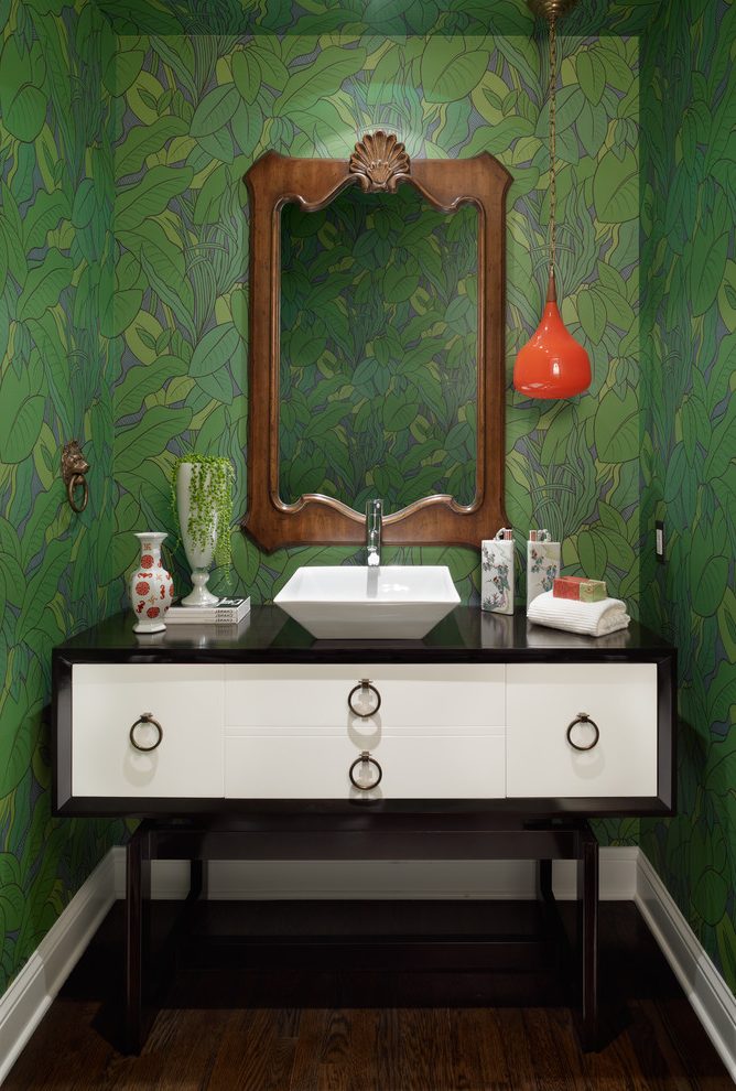 Bohemian Wallpaper Powder Room Contemporary With Red - Dramatic Wallpaper Powder Room - HD Wallpaper 