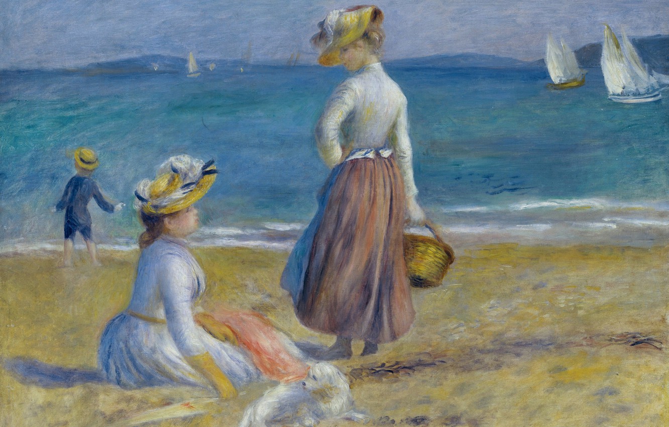 Photo Wallpaper Sea, Girls, Boat, Picture, Sail, Pierre - Renoir Figures On The Beach - HD Wallpaper 