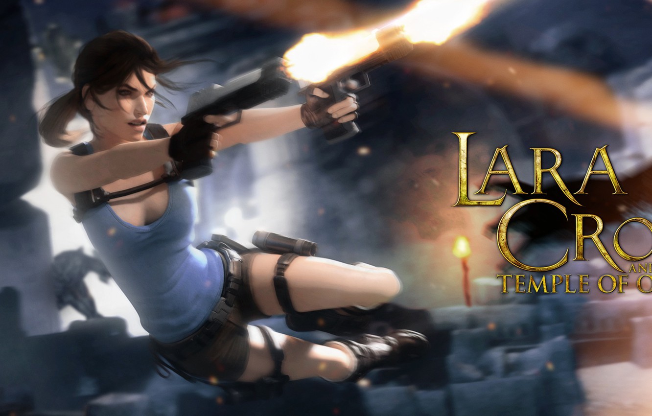 Photo Wallpaper Girl, Jump, Guns, Lara Croft, Tomb - HD Wallpaper 