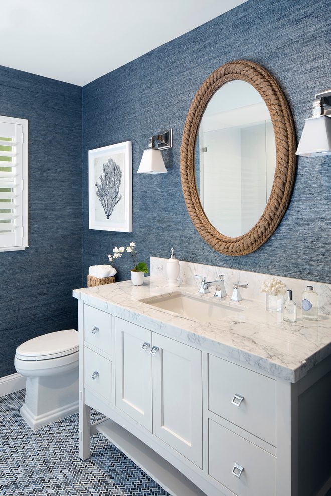 Miami Navy Blue Wallpaper For Walls With Incandescent - Blue White Bathroom Idea - HD Wallpaper 