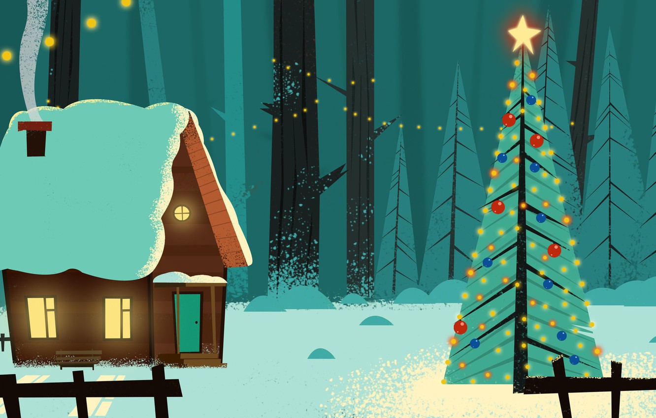 Photo Wallpaper Winter, Snow, Forest, New Year, House, - Illustration - HD Wallpaper 