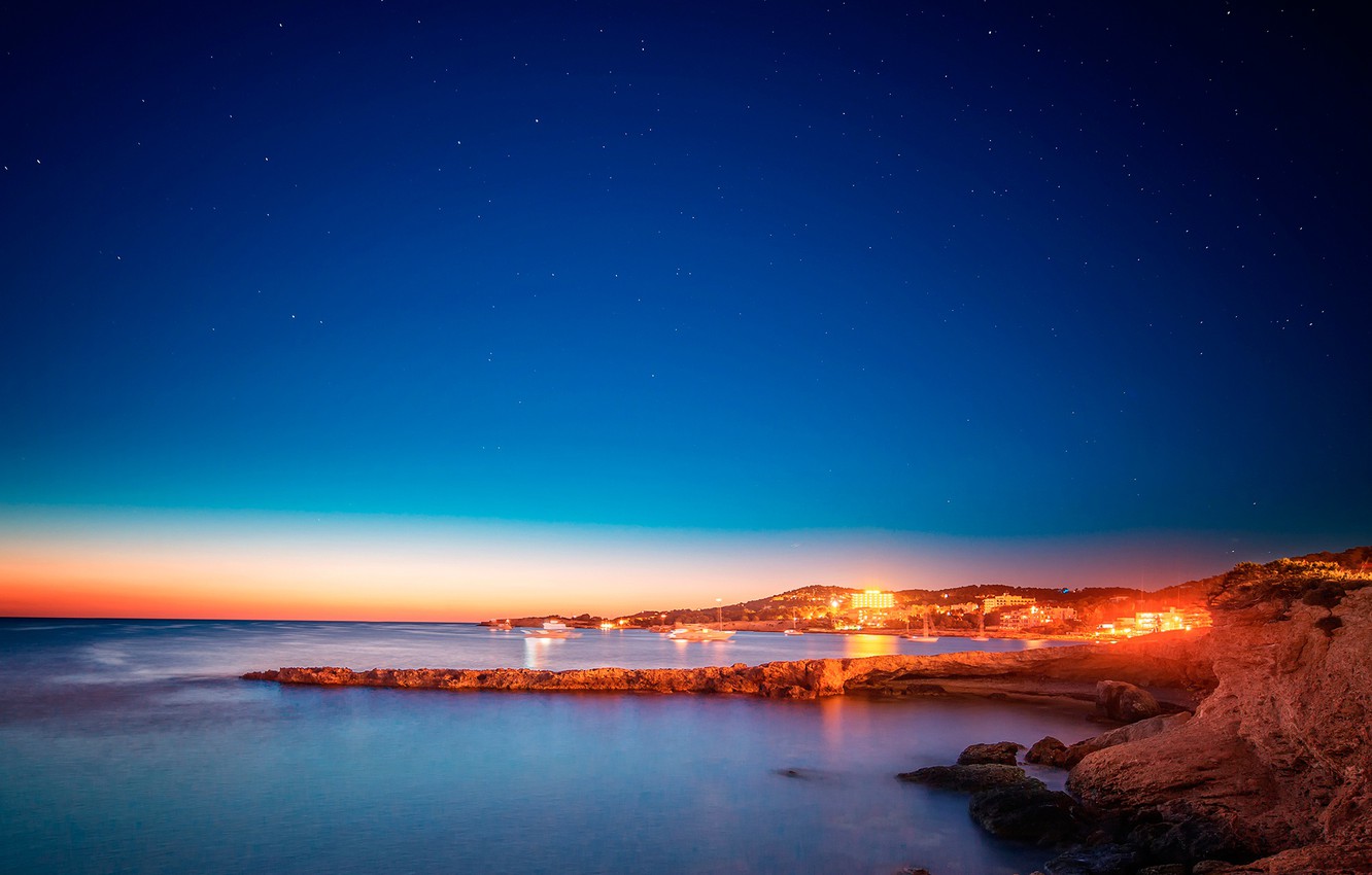 Photo Wallpaper Sea, The Sky, Sunset, Lights, Stones, - San Antonio Ibiza - HD Wallpaper 
