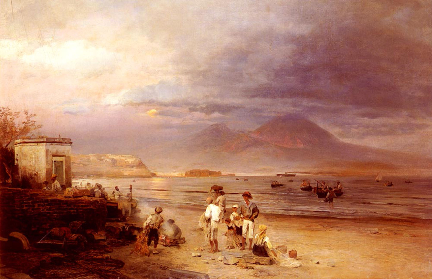 Fishermen With The Bay Of Naples And Vesuvius Beyond - Oswald Achenbach - HD Wallpaper 