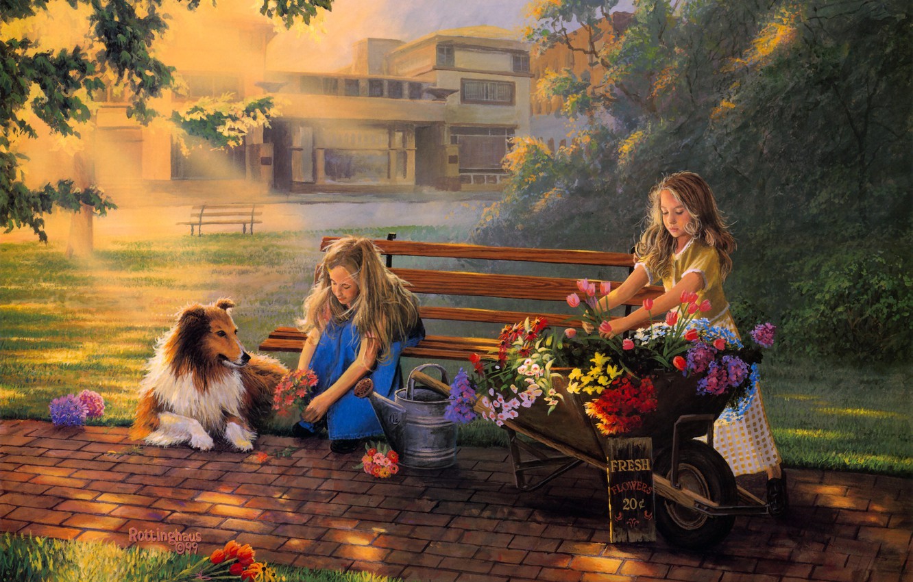 Photo Wallpaper Girls, Dog, Flowers, Painting, Bouquet, - Kids Painting - HD Wallpaper 