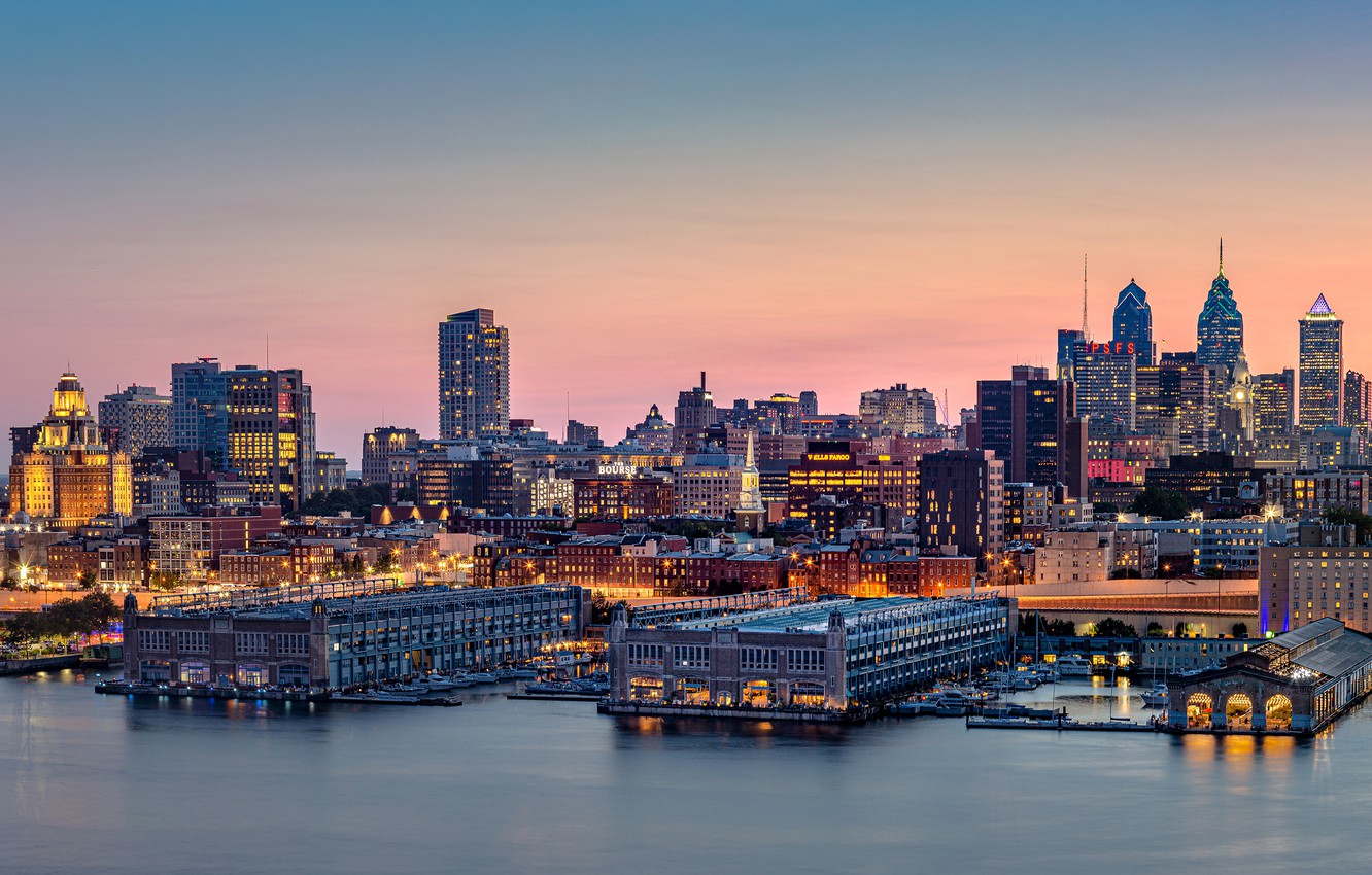 Photo Wallpaper The Sky, Sunset, Lights, River, Building, - Philadelphia - HD Wallpaper 