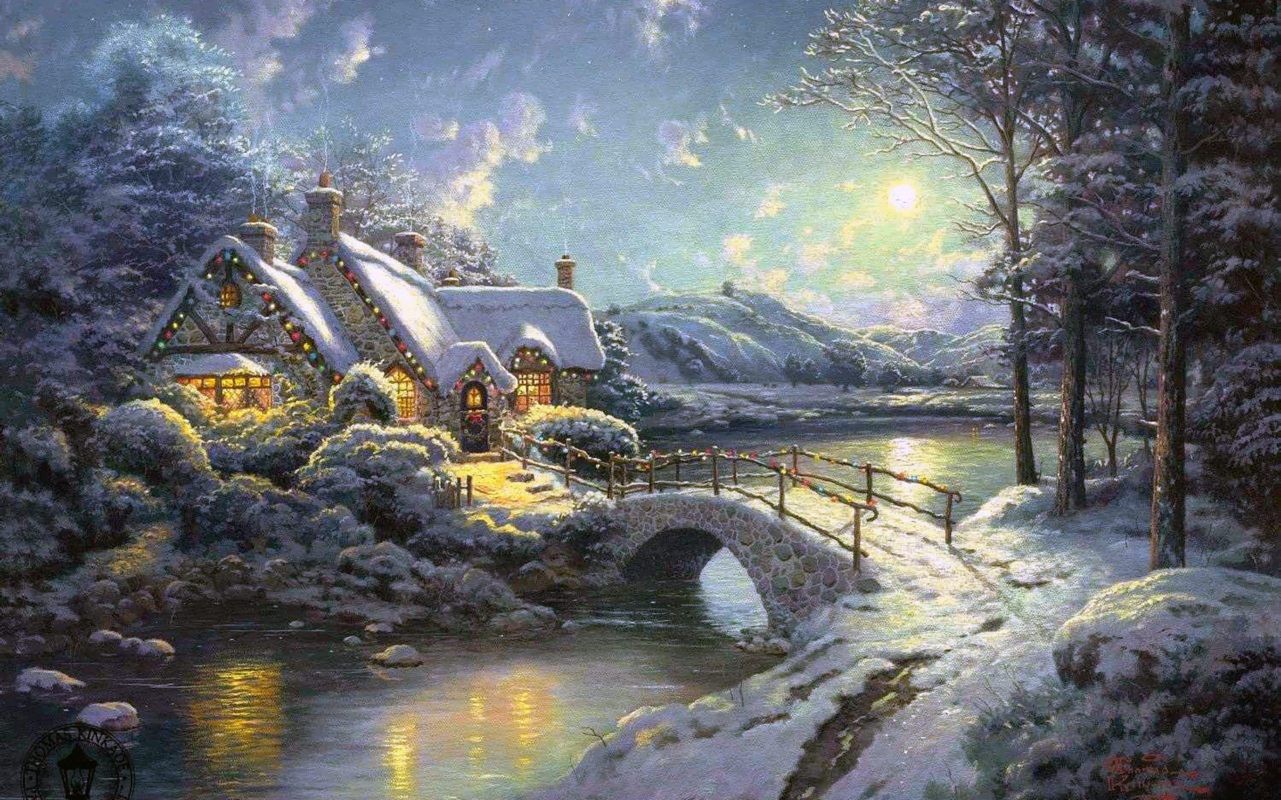 Set Wallpapers - Thomas Kinkade Christmas Moonlight - HD Wallpaper 