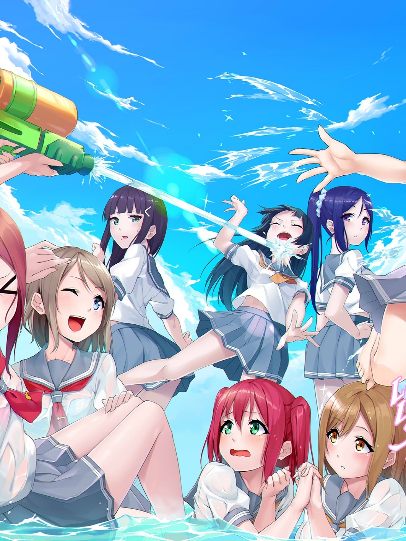 Anime Girls, Water War, School Uniform, Sea, Love Live - Love Live Wallpaper Sunshine - HD Wallpaper 