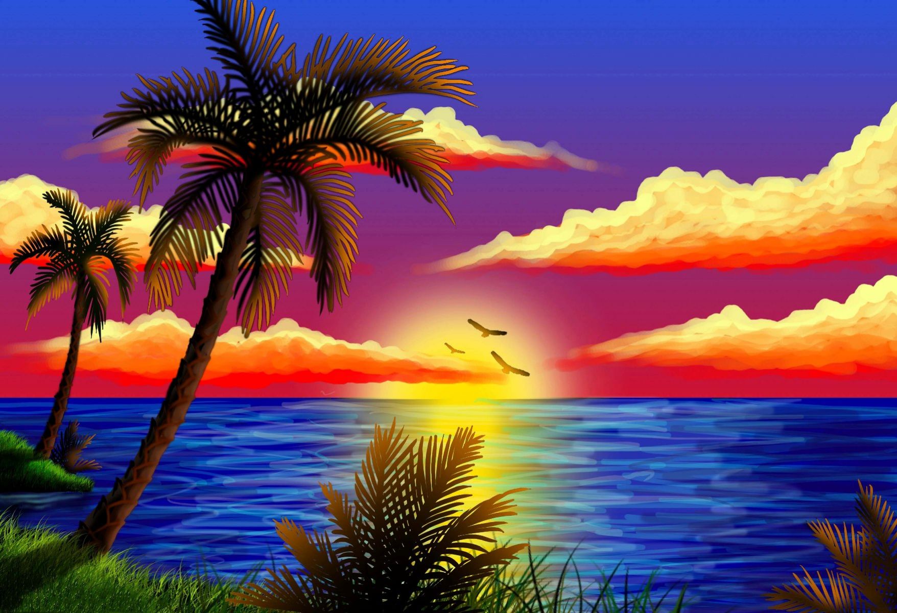 Nature Painting Wallpaper Wallpaper - Sunset Waterfall Scenery Drawing - HD Wallpaper 