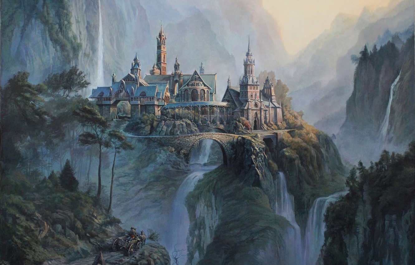 Photo Wallpaper Mountains The City Waterfall Wagon Fantasy Castle Background 1332x850 Wallpaper Teahub Io