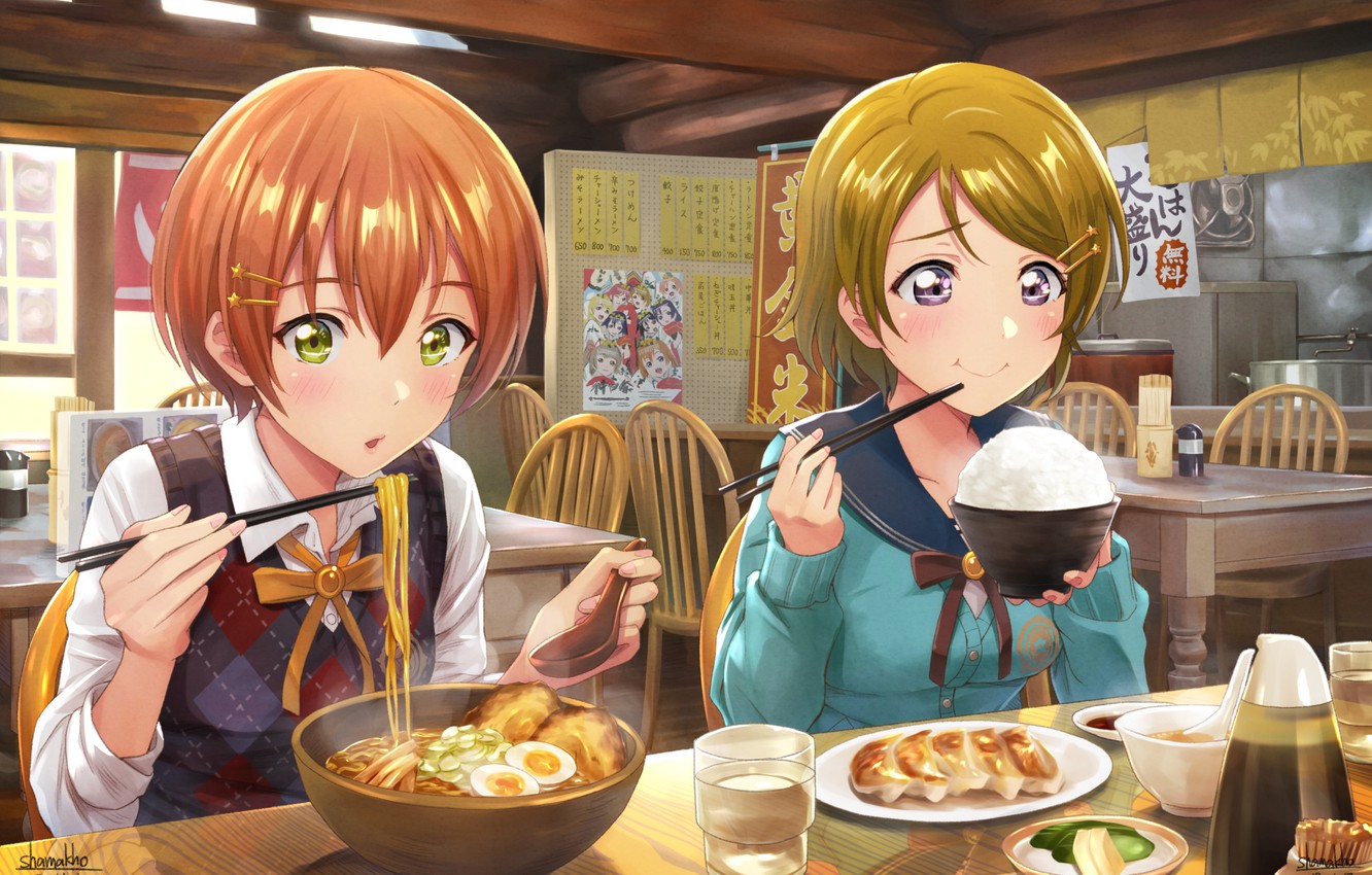 Photo Wallpaper Food, Cafe, Anime, Girls, Love Live - Cute Anime Girl Eating Ramen - HD Wallpaper 