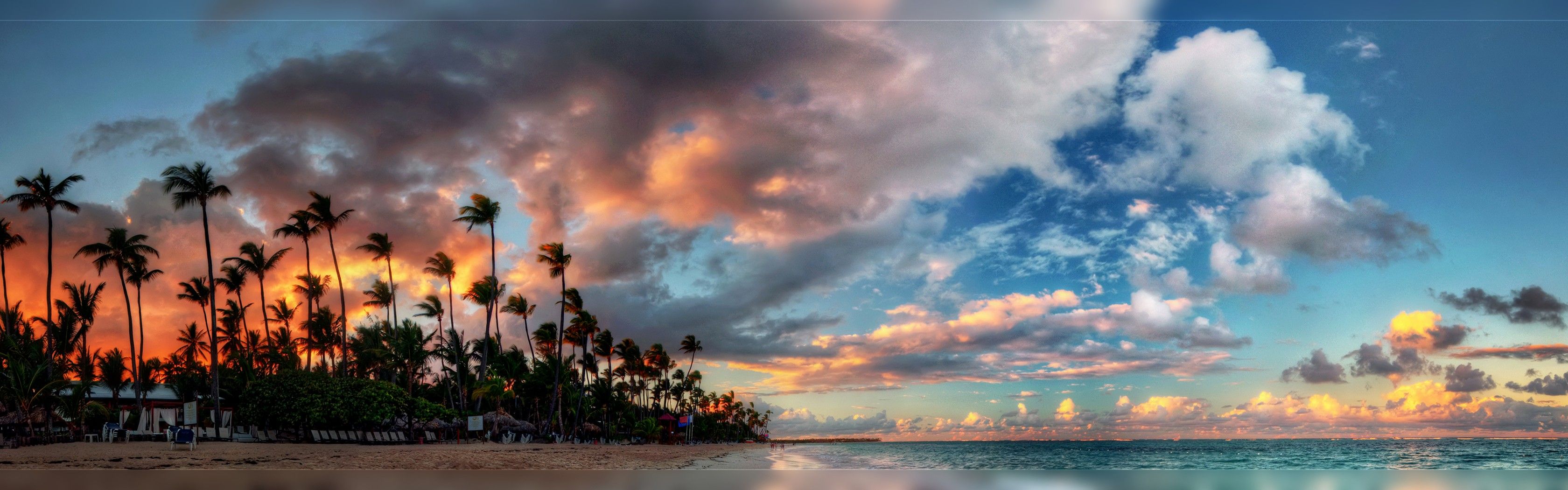 Clouds Monitor Sunset Beautiful Awesome Palms Sky Tropics - Dual Monitor Wallpaper Beach - HD Wallpaper 